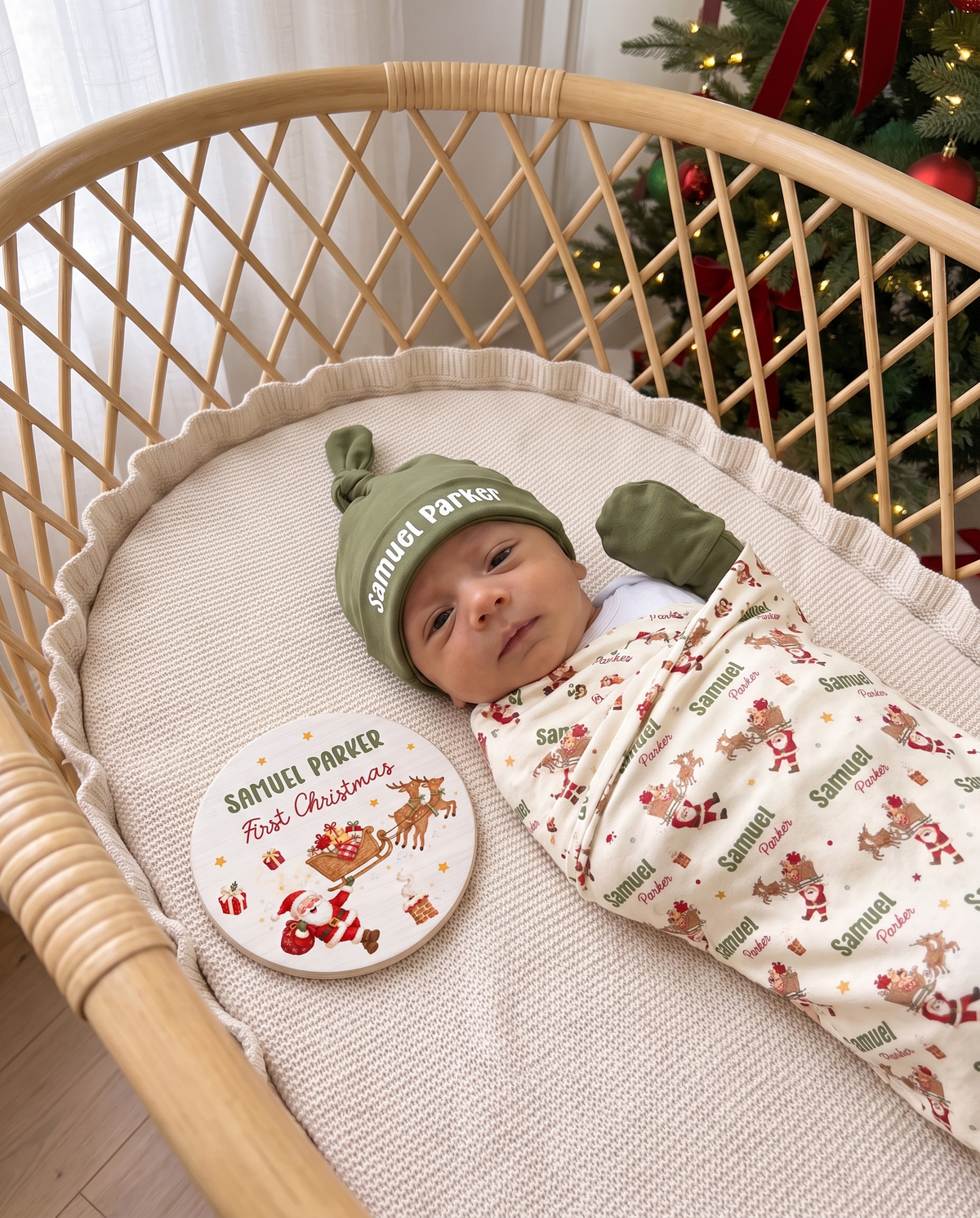 Newborn in the Santa's Joyride swaddle and knotted hat beside the First Christmas name sign