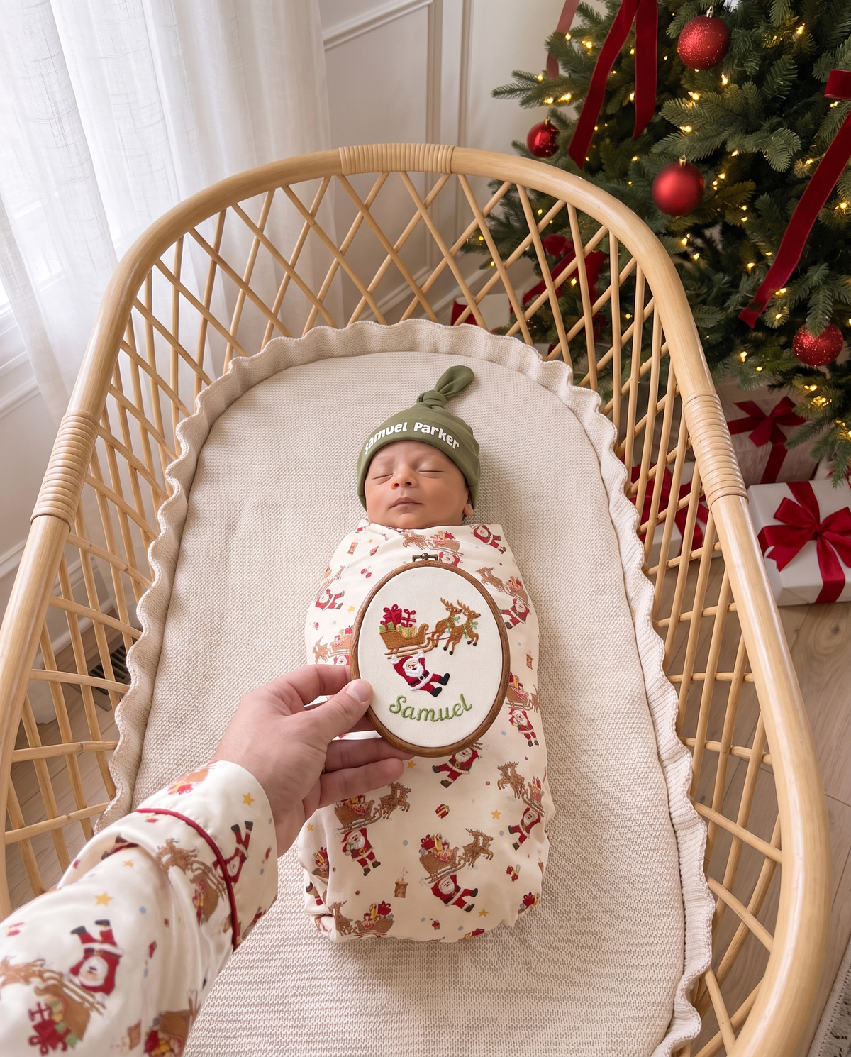 Parent holding the personalized embroidered hoop sign above a swaddled baby in a bassinet