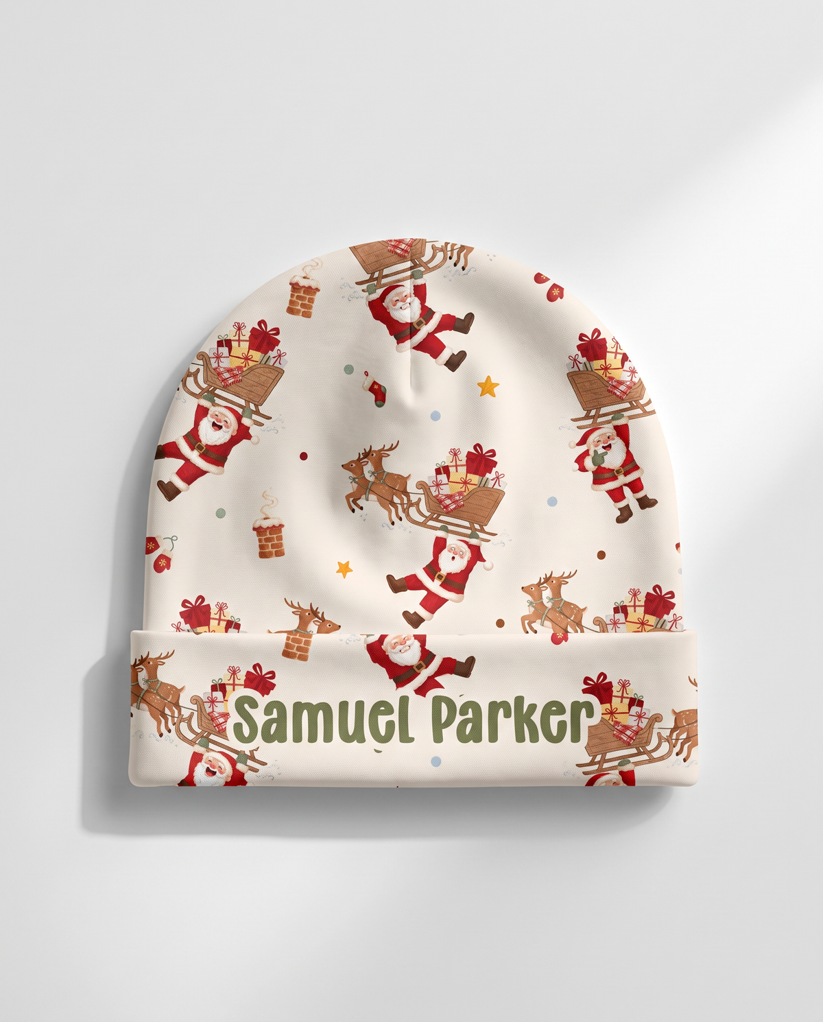 Personalized Santa's Joyride beanie with the baby's name on the cuff