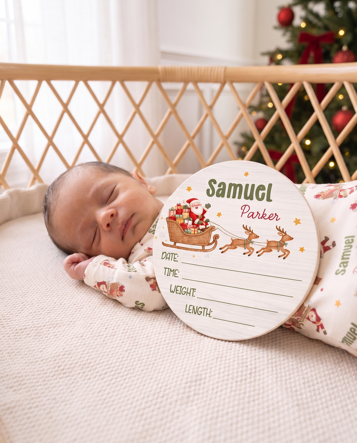 Newborn sleeping next to the Santa's Joyride birth stats sign in a rattan bassinet