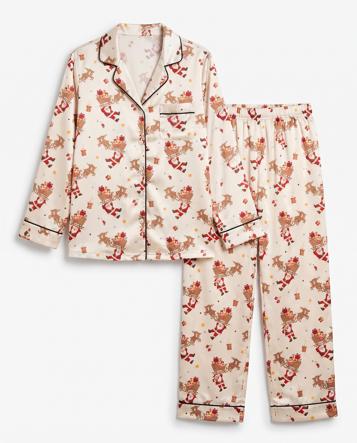 Women's long sleeve satin pajama set in Santa's Joyride print with piping, on white
