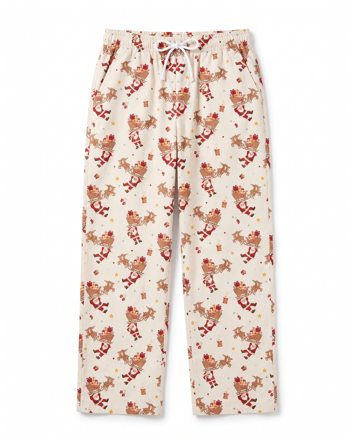 Adult lounge pants in Santa's Joyride print with drawstring waist, on white