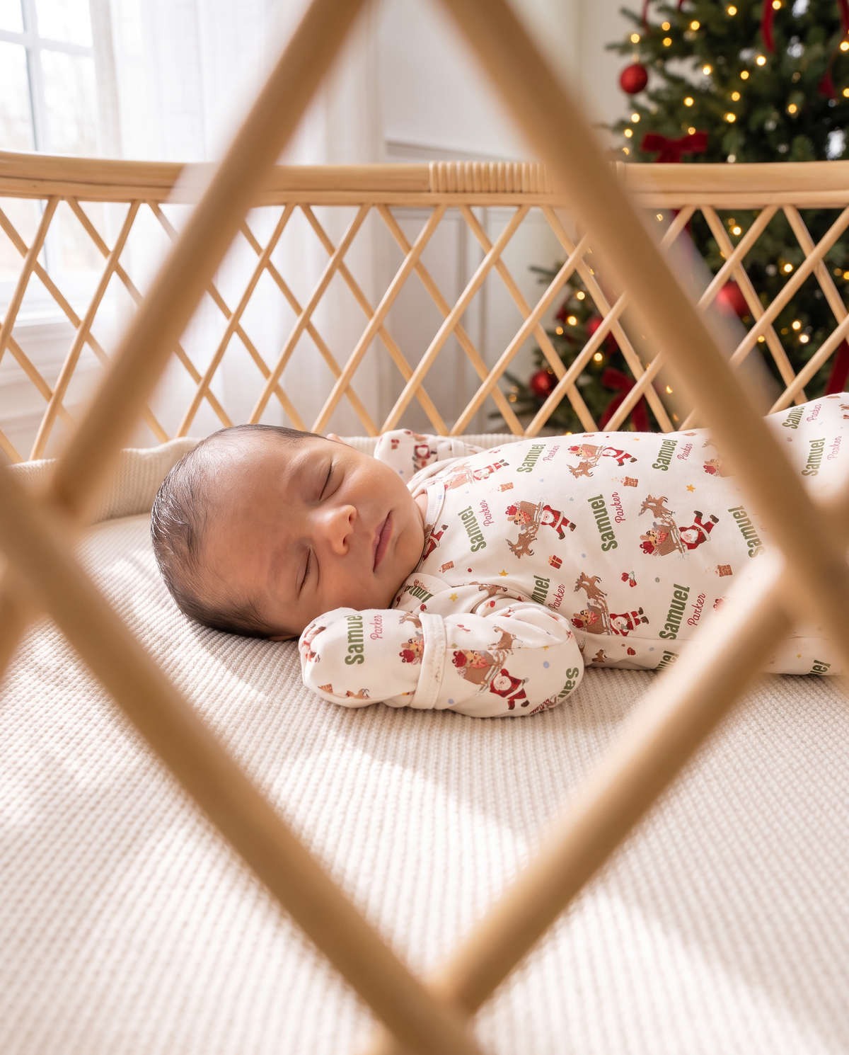 Baby sleeping in the Santa's Joyride sleep gown inside a rattan bassinet