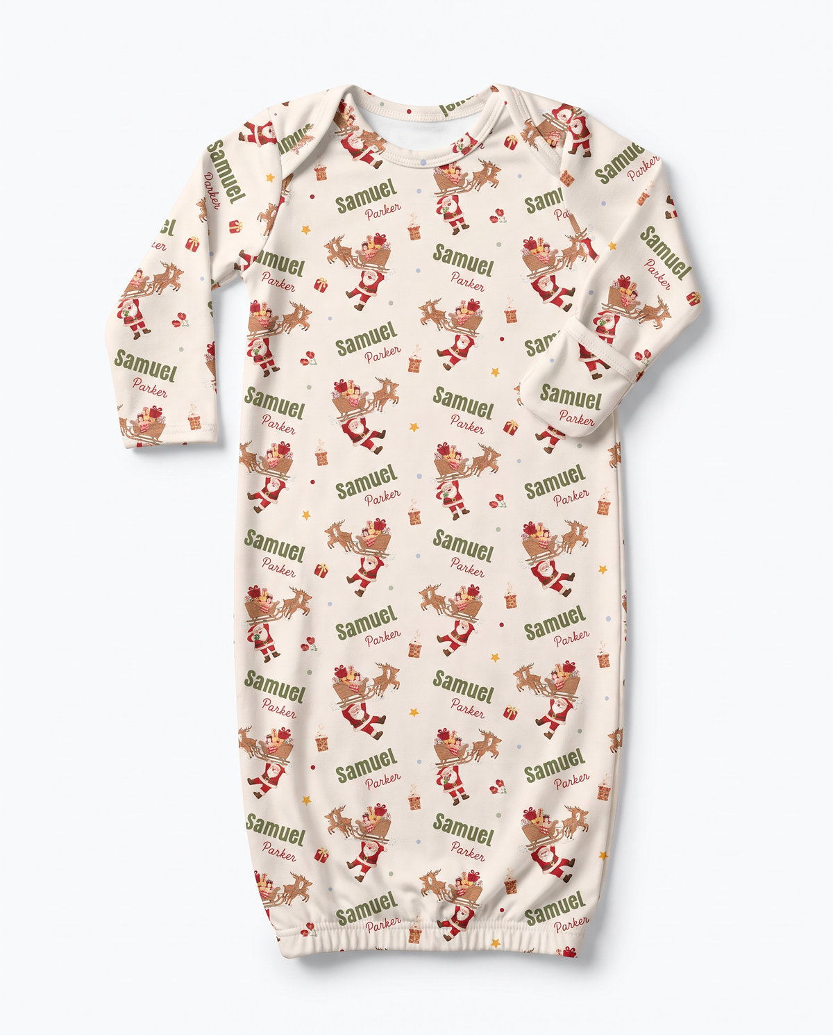 Personalized Santa's Joyride baby sleep gown with fold-over mittens, on white