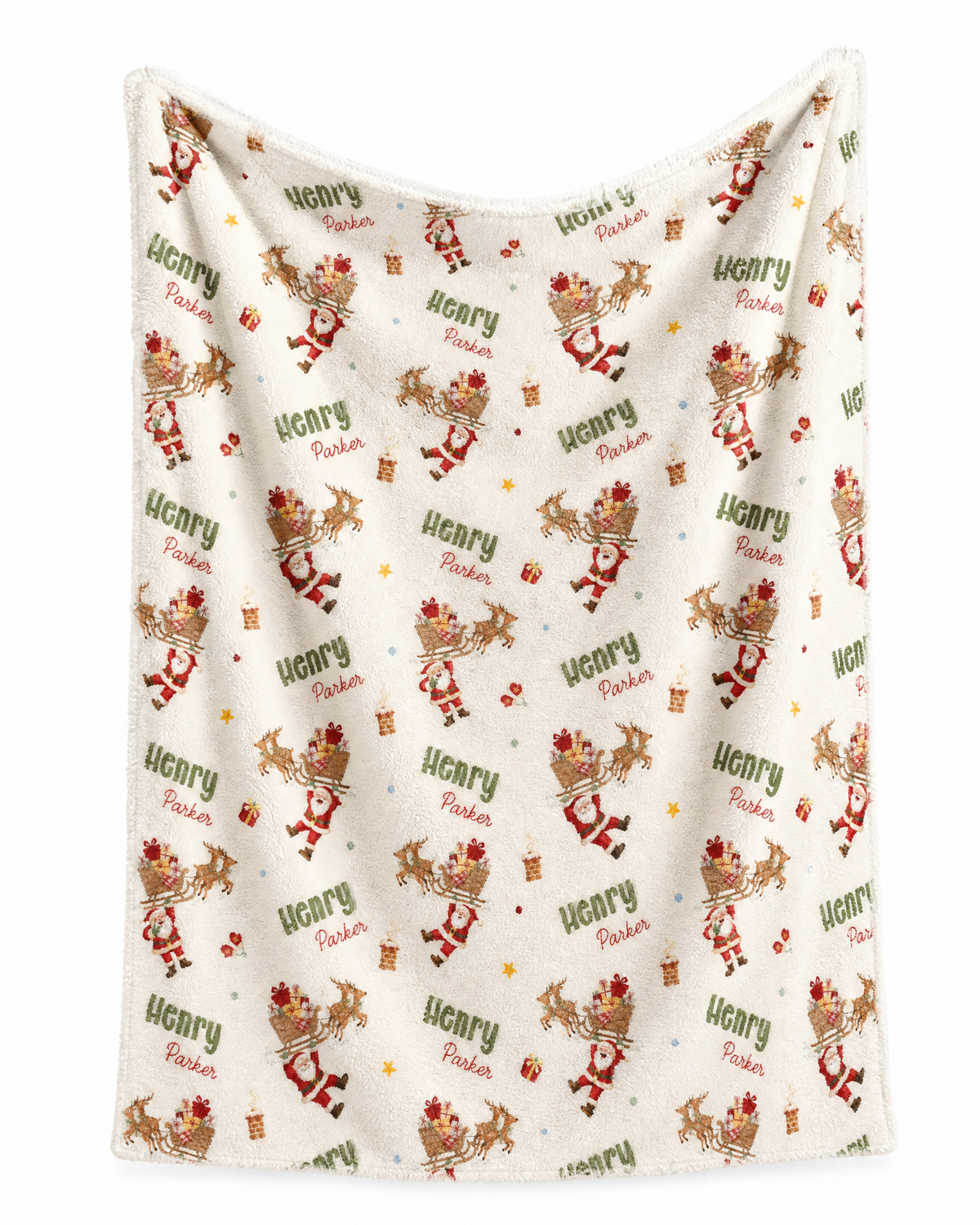 Personalized Santa's Joyride minky blanket with name print, full view on white