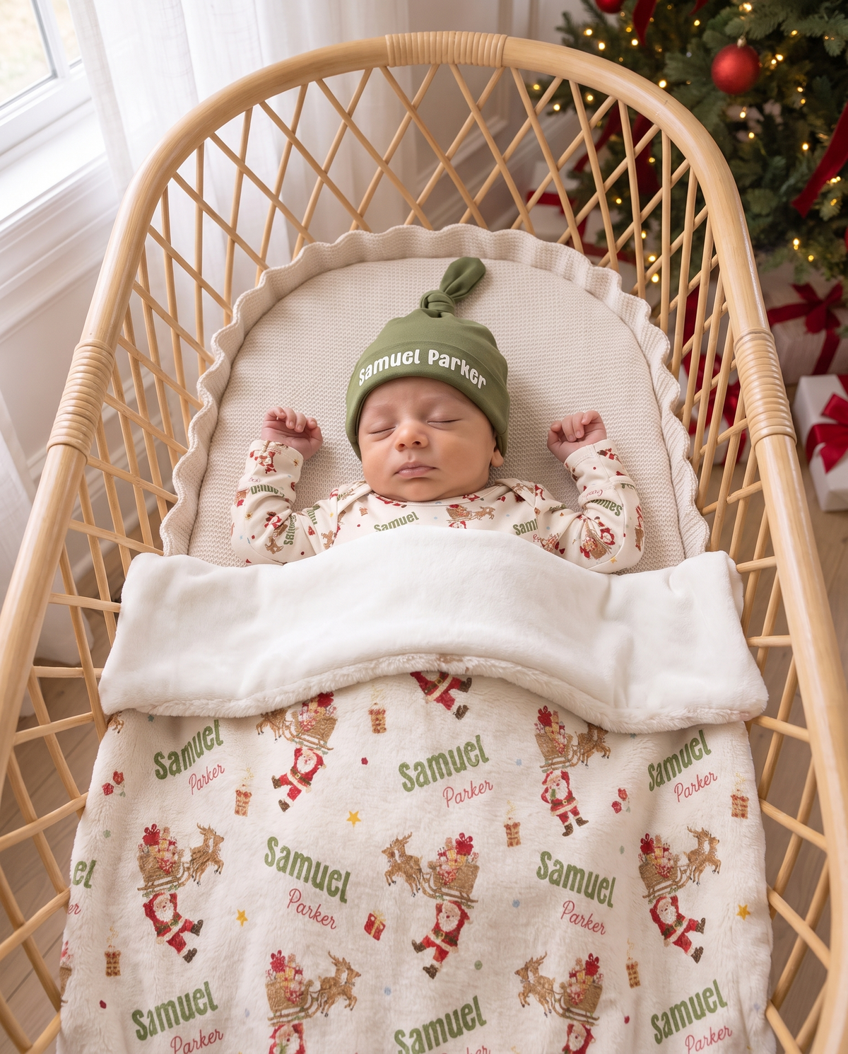 Newborn in a knotted hat tucked under the Santa's Joyride blanket in a rattan bassinet