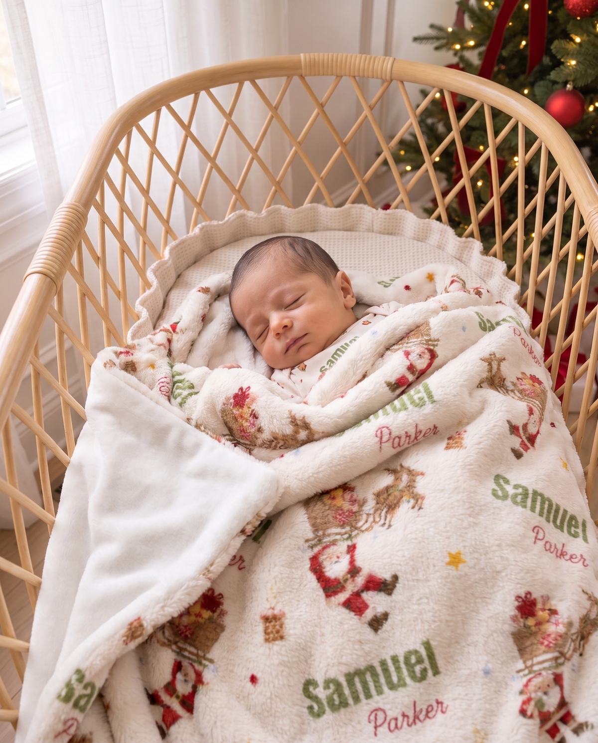Sleeping baby covered by the personalized Santa's Joyride sherpa blanket in a bassinet