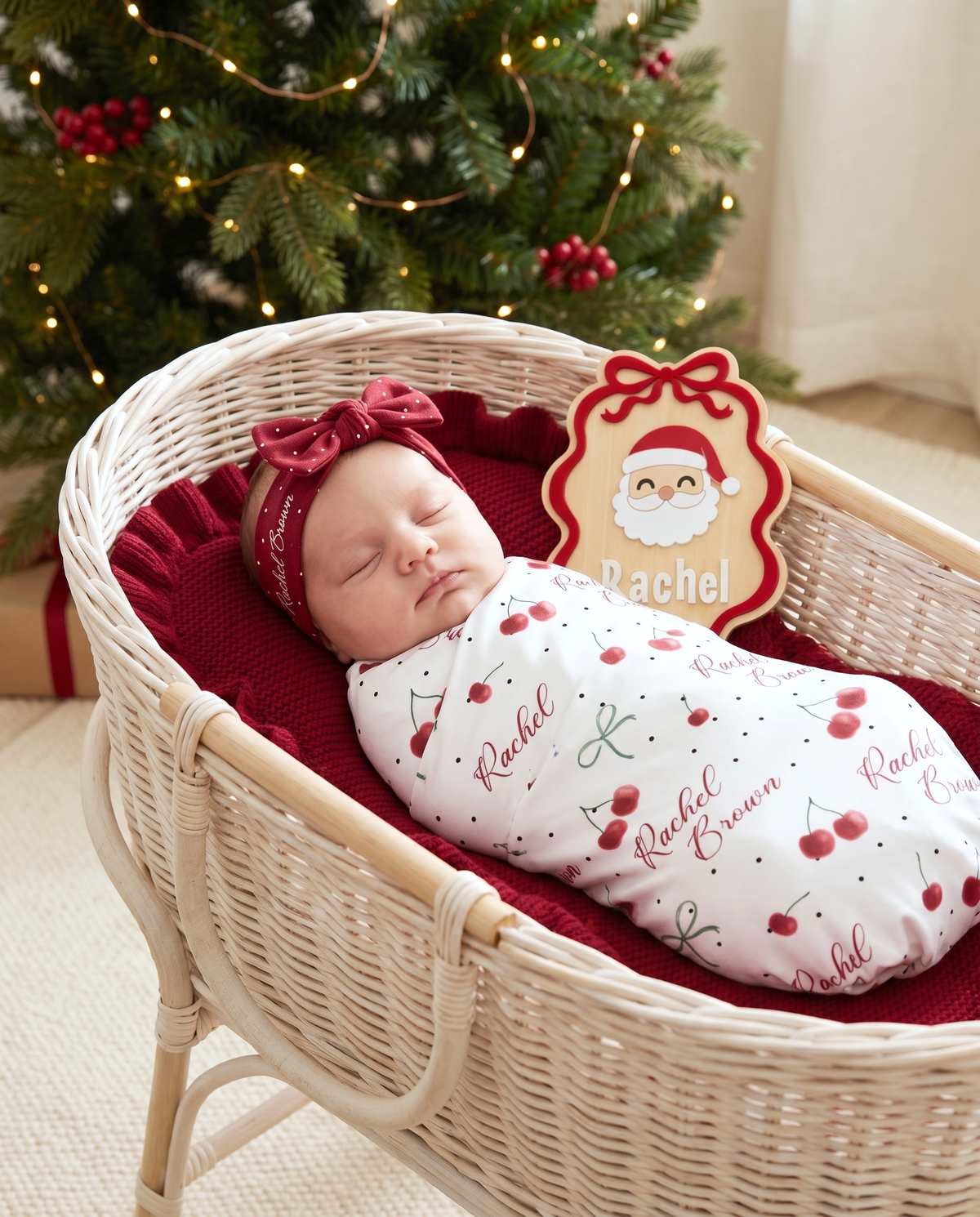 Ribbon Santa wood announcement sign propped against the side of a bassinet in a Christmas setting