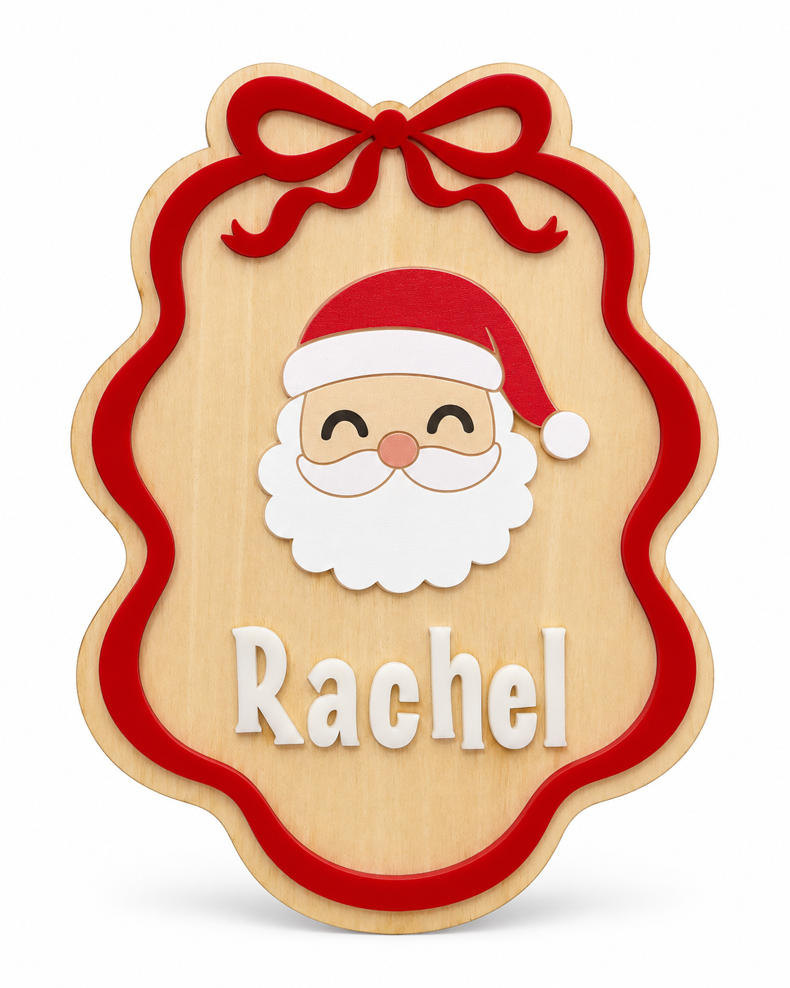 Ribbon Santa personalized wood announcement sign on a white background, red wavy border with a red bow and a smiling Santa face