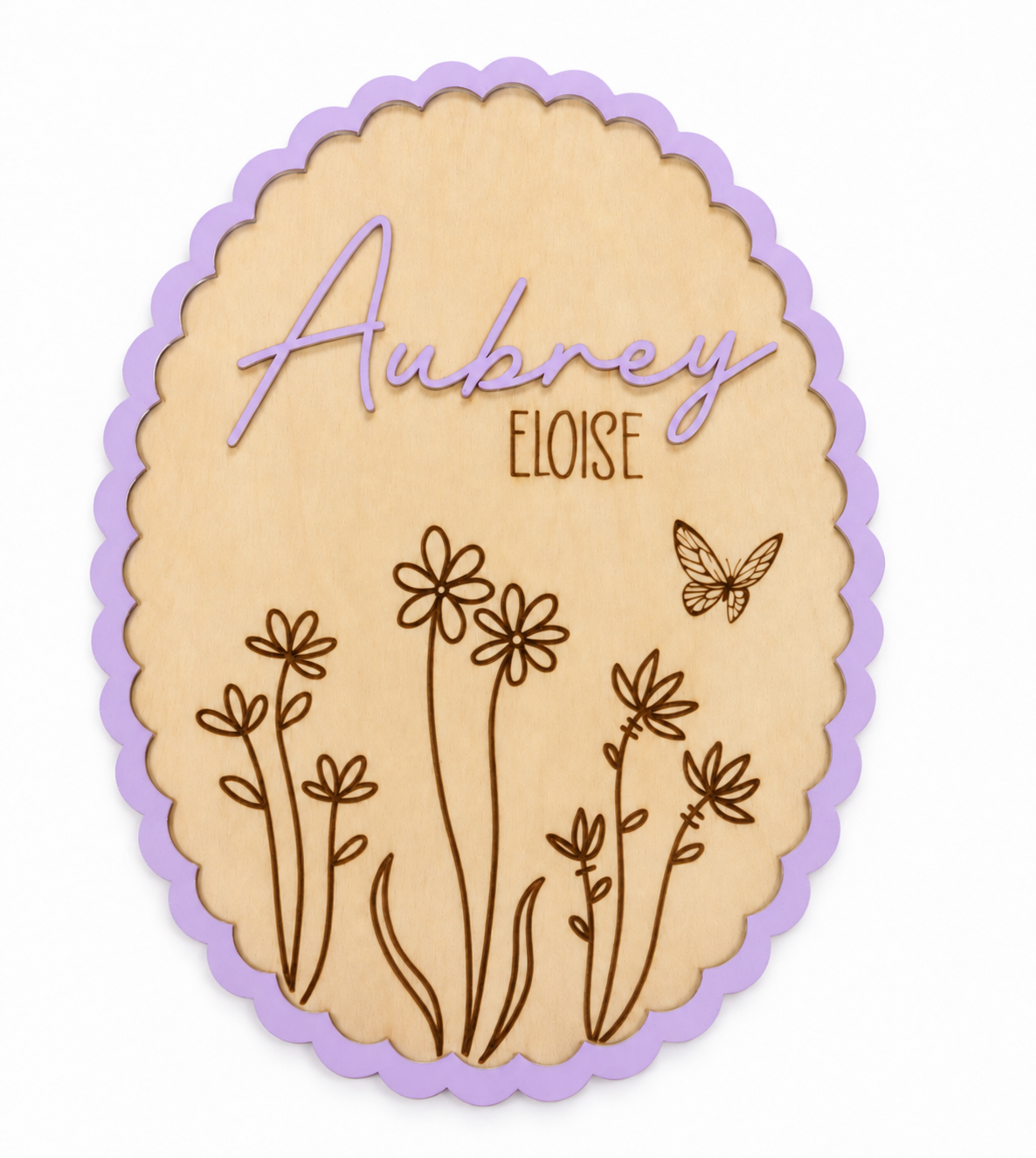 Scalloped Bloom personalized wood announcement sign on a white background, lavender scalloped border with engraved wildflowers and a butterfly