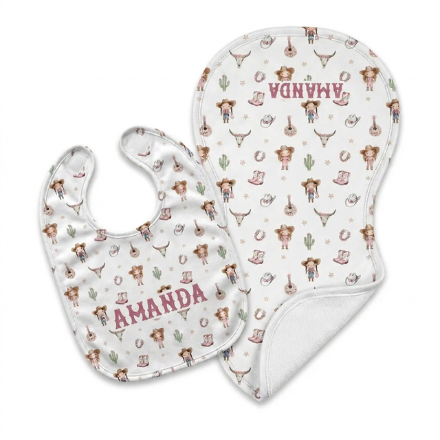 Personalized Bib and Burp Cloths in Western Girl