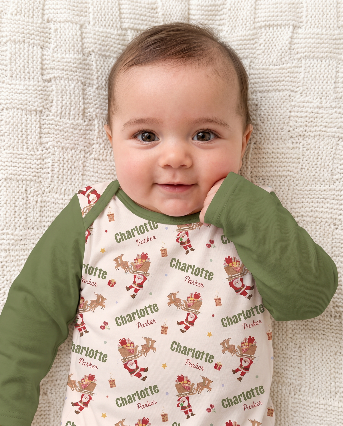 Close view of Santa's Joyride sleep gown showing the personalized gingerbread print
