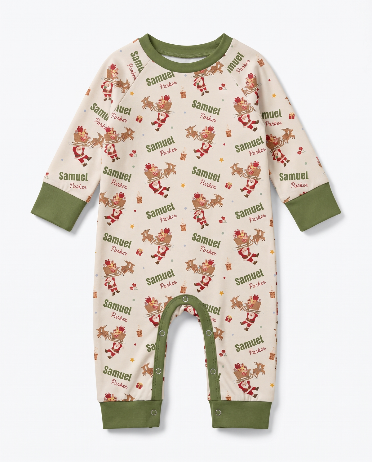 Personalized long-sleeved snap romper in Santa's Joyride print, flat lay on white