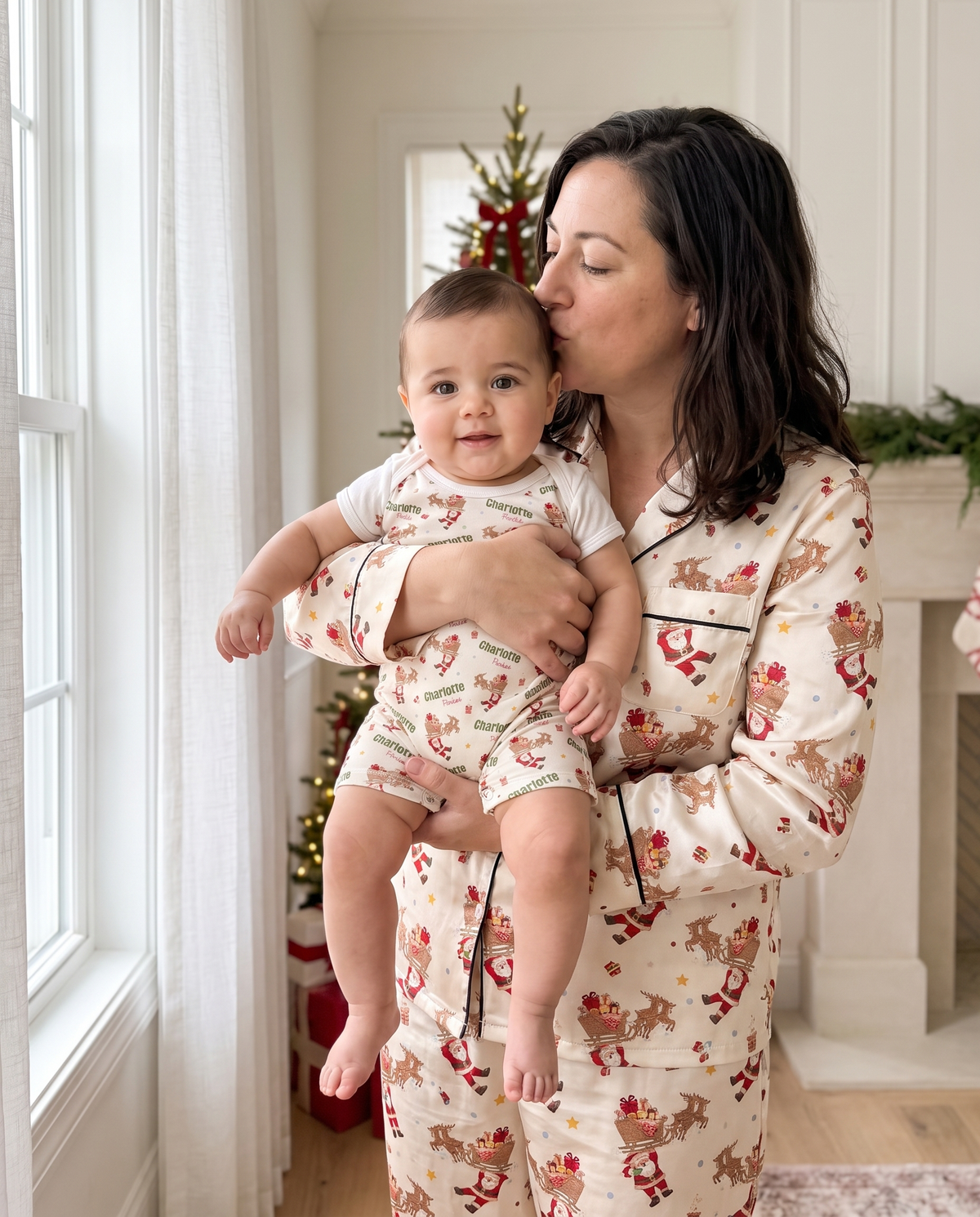 Mother in matching Santa's Joyride pajamas holding baby in the short-sleeve romper