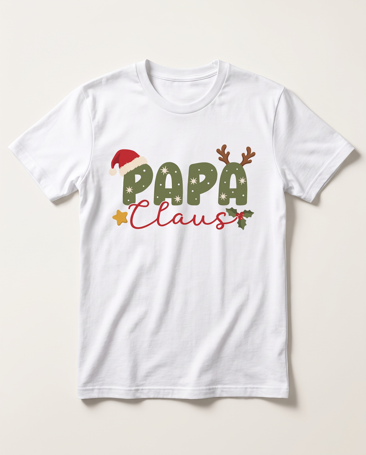Men's graphic tee with Papa Claus design and Santa hat, on white