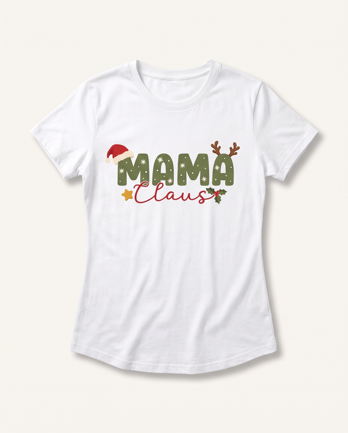 Women's graphic tee with Mama Claus design and Santa hat, on white