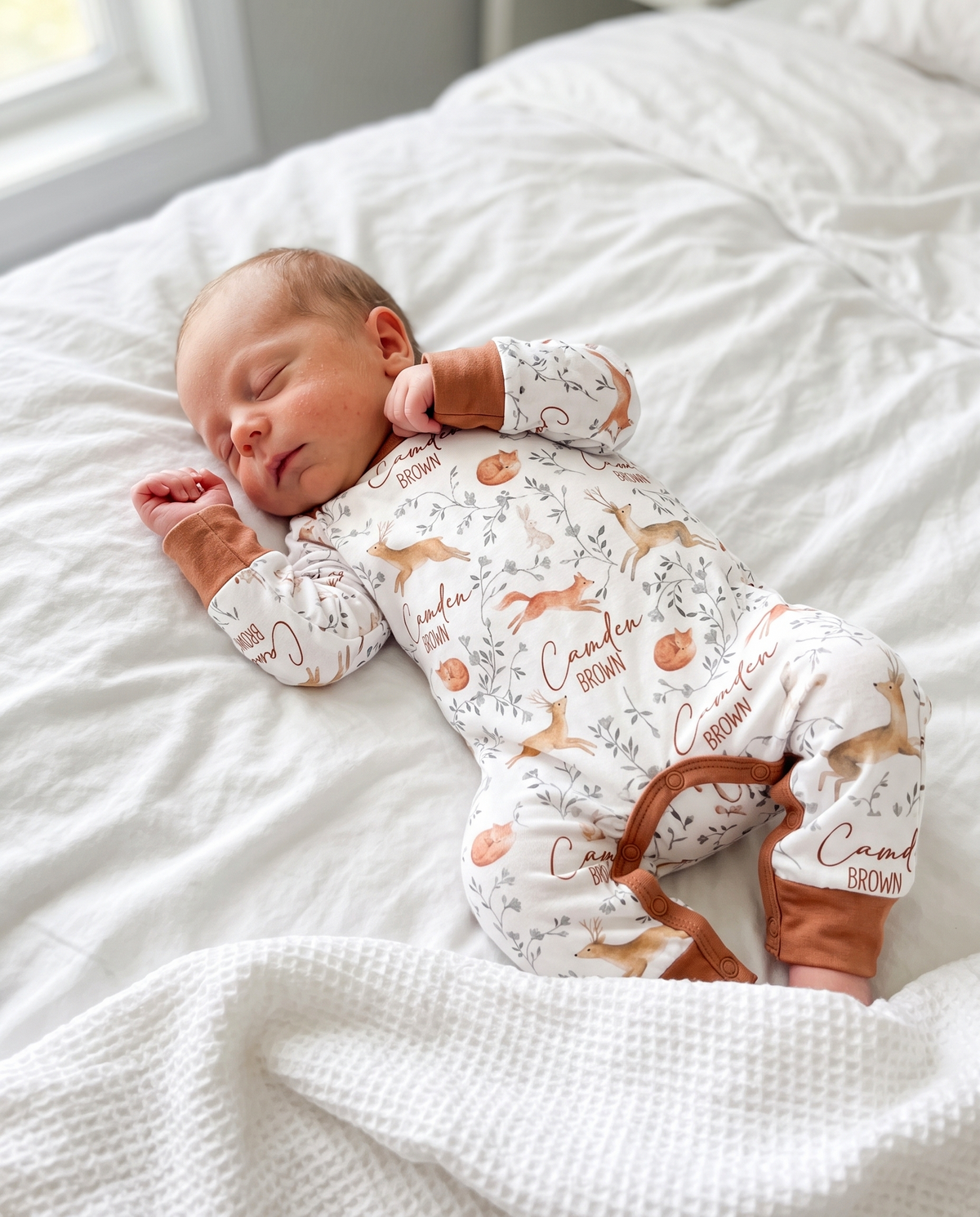 Personalized Long-sleeved Snap Romper in Forest Besties