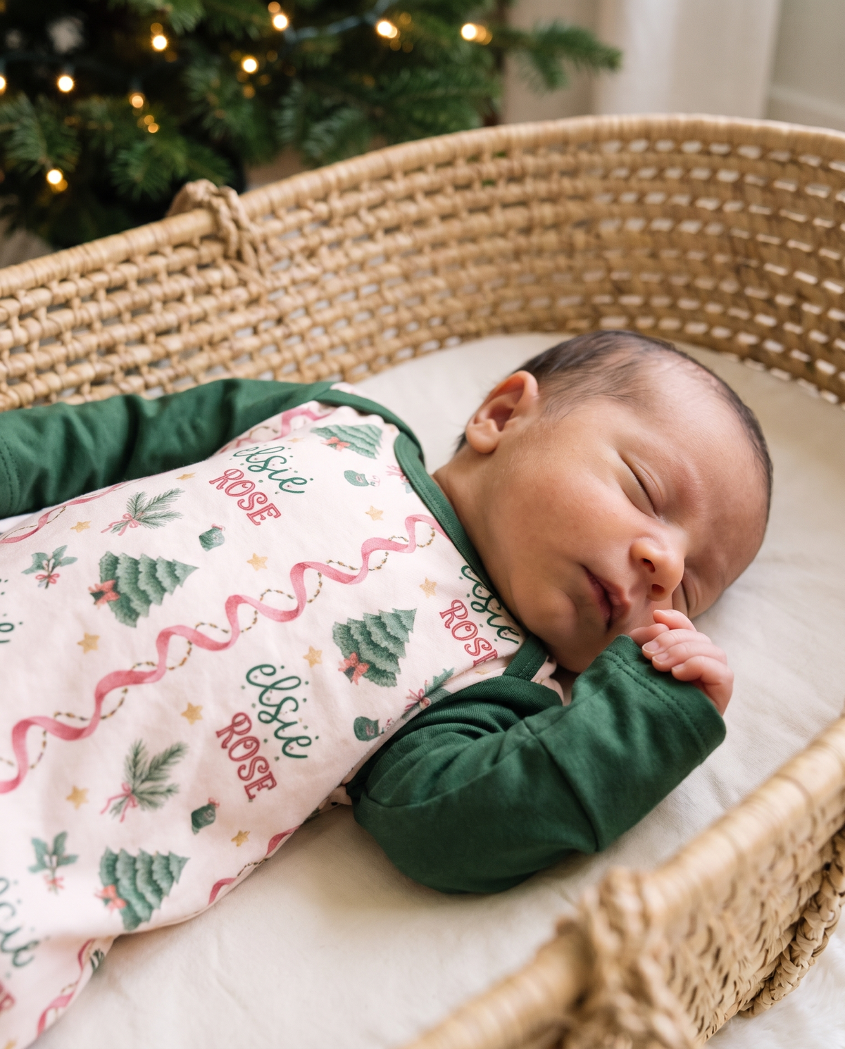 Close-up of the Sweetly Trimmed print on the baby sleep gown