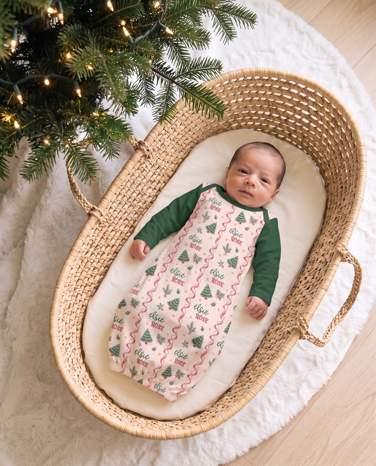 Personalized baby sleep gown in Sweetly Trimmed Christmas print
