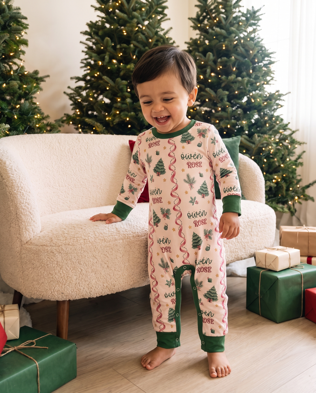 Personalized long-sleeved snap romper in Sweetly Trimmed Christmas print