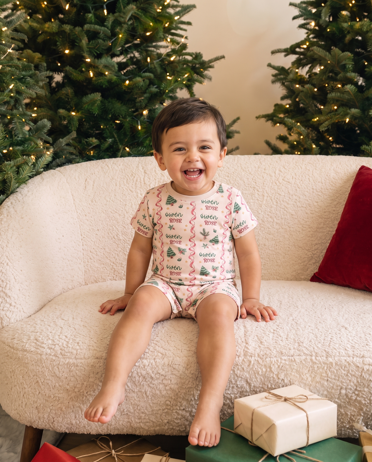 Personalized snap romper in Sweetly Trimmed Christmas print