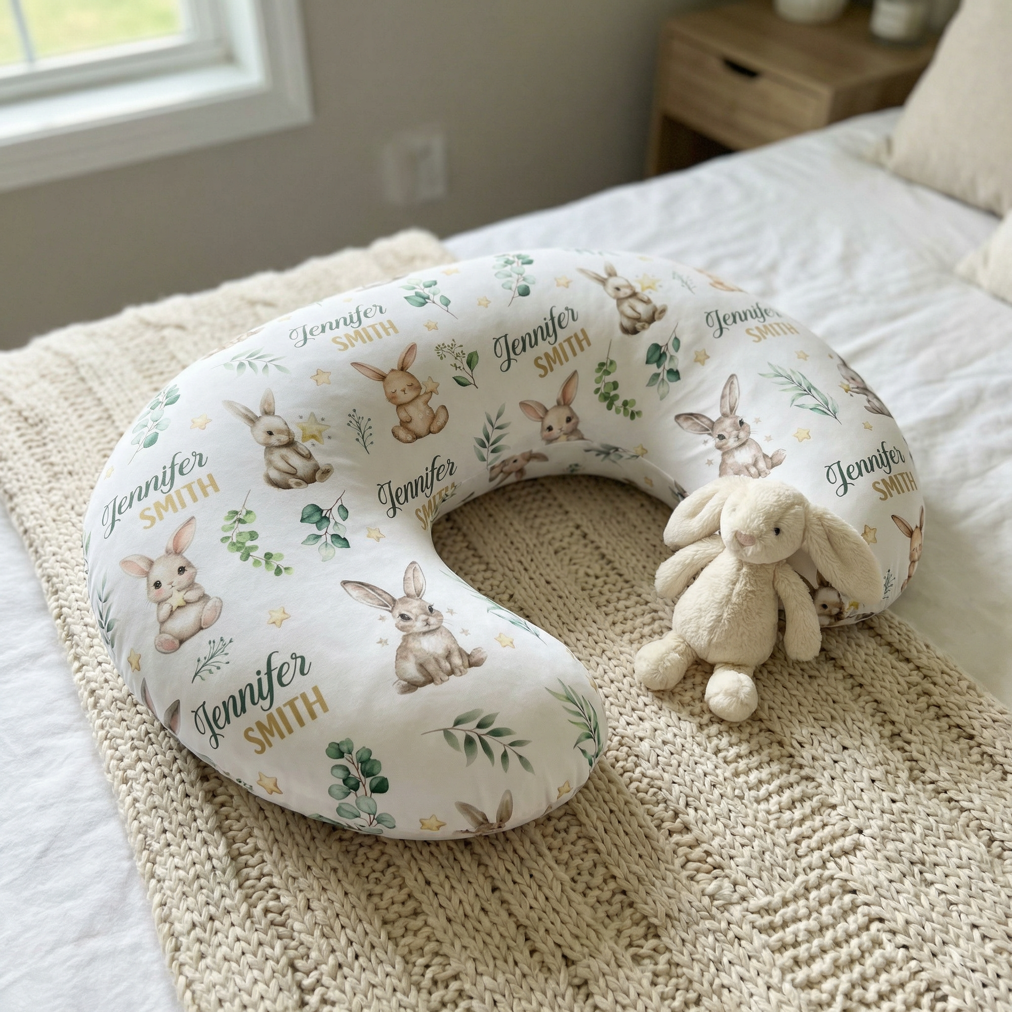 Personalized Nursing Pillow in Bunny Garden