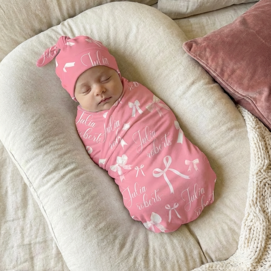 Pink Coquette Bow Personalized Baby Name Swaddle Blanket