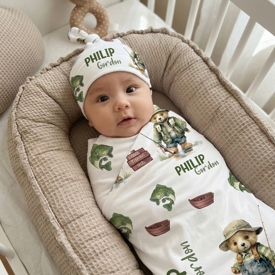 Personalized Swaddle in Bear Fishing