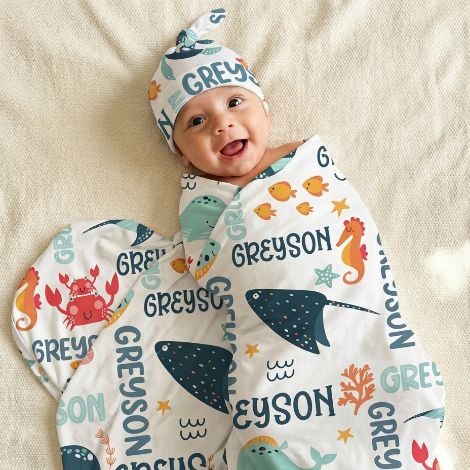 Ocean Animals Personalized Swaddle Blanket