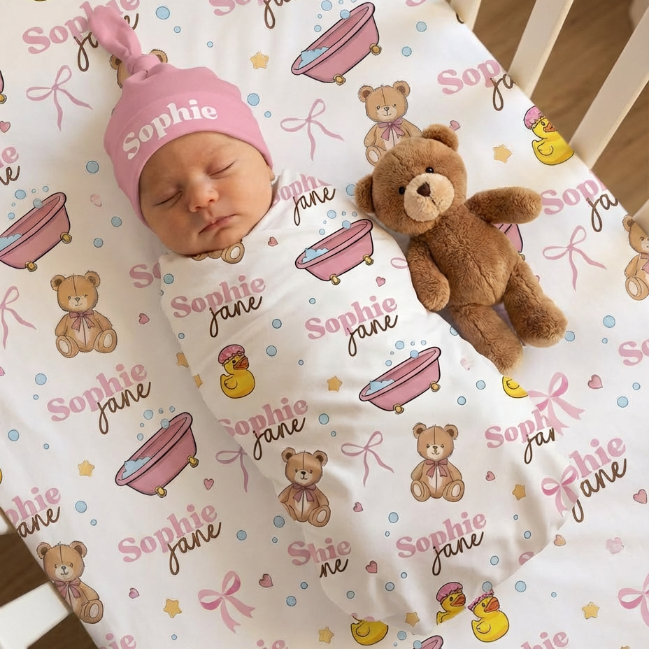 Personalized Swaddle in Bathtime Besties