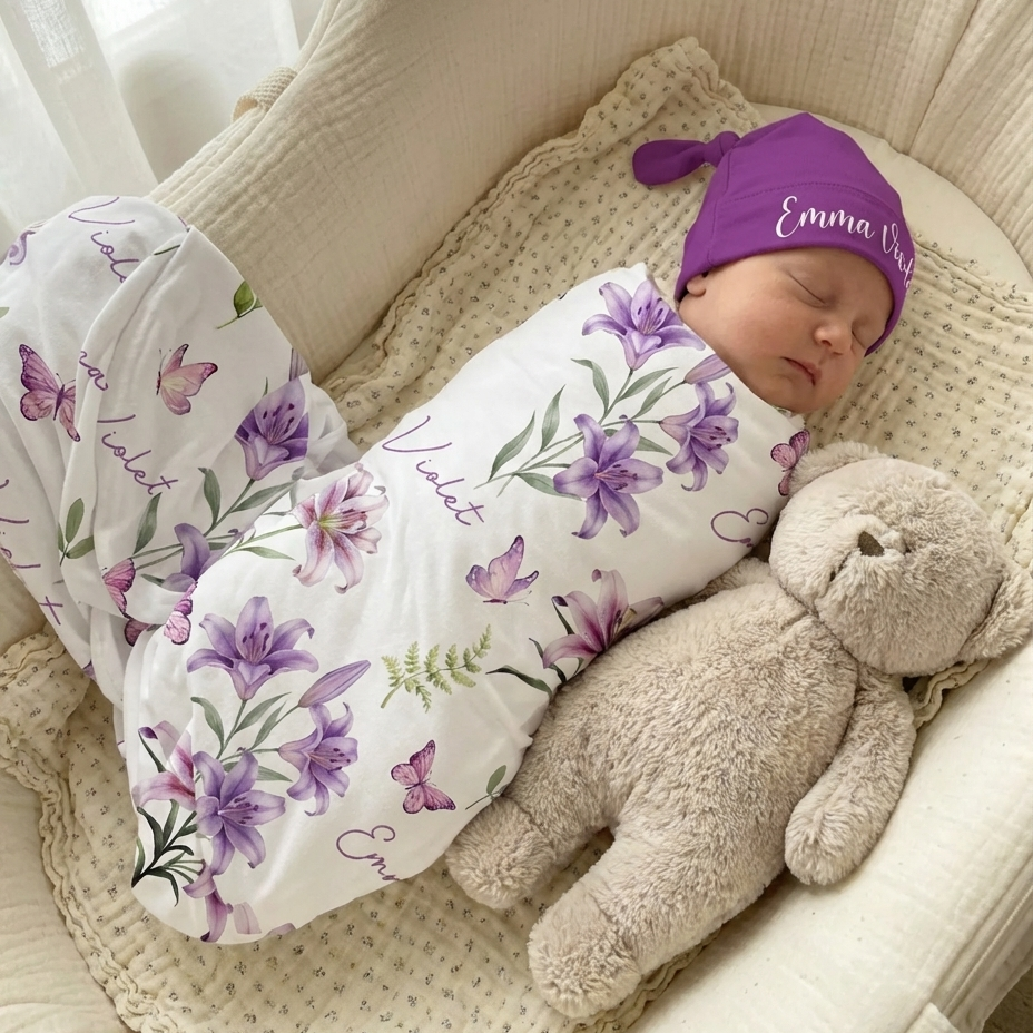 Personalized Swaddle in Purple Lilys
