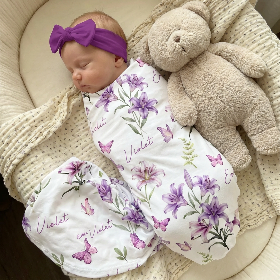 Personalized Swaddle in Purple Lilys