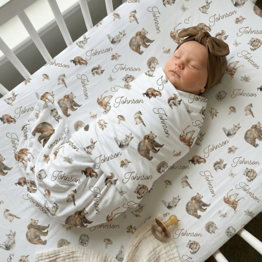 Personalized Woodland Animals Swaddle Blanket