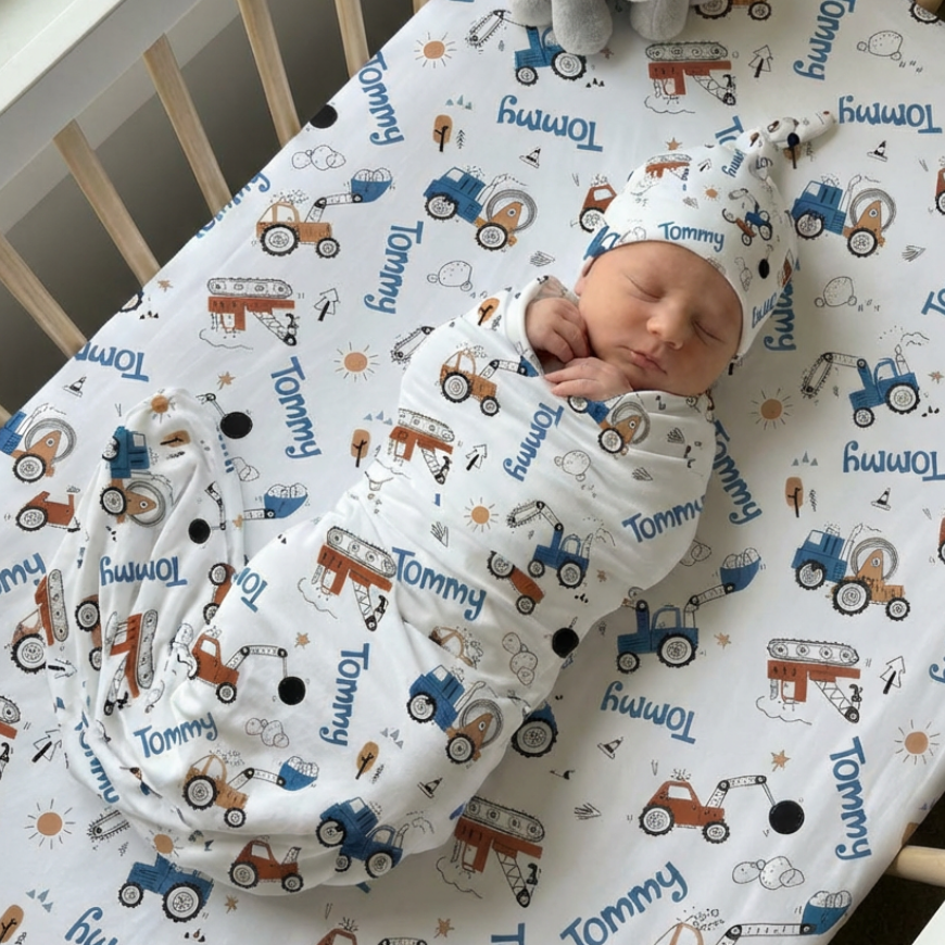 Construction Vehicle Personalized Swaddle Blanket
