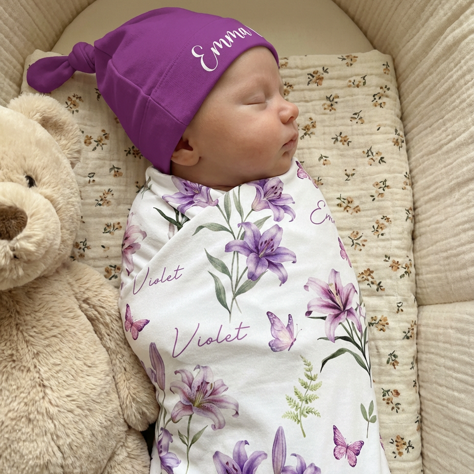 Personalized Swaddle in Purple Lilys