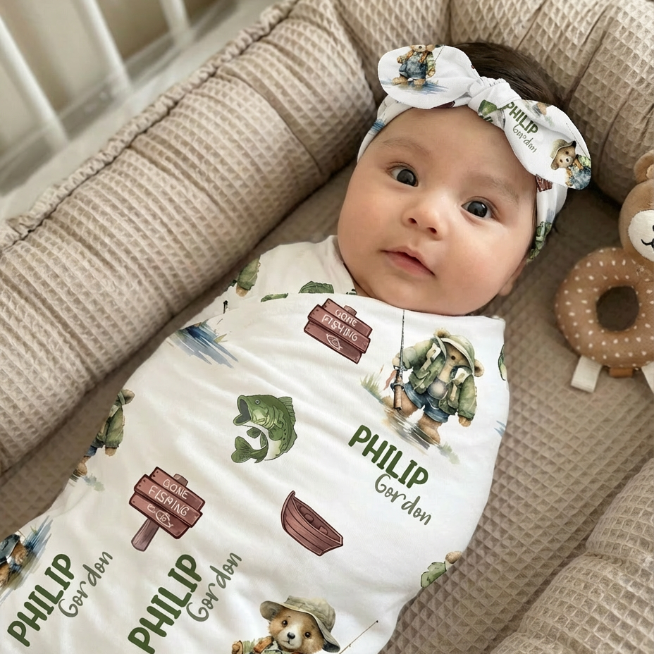 Personalized Swaddle in Bear Fishing