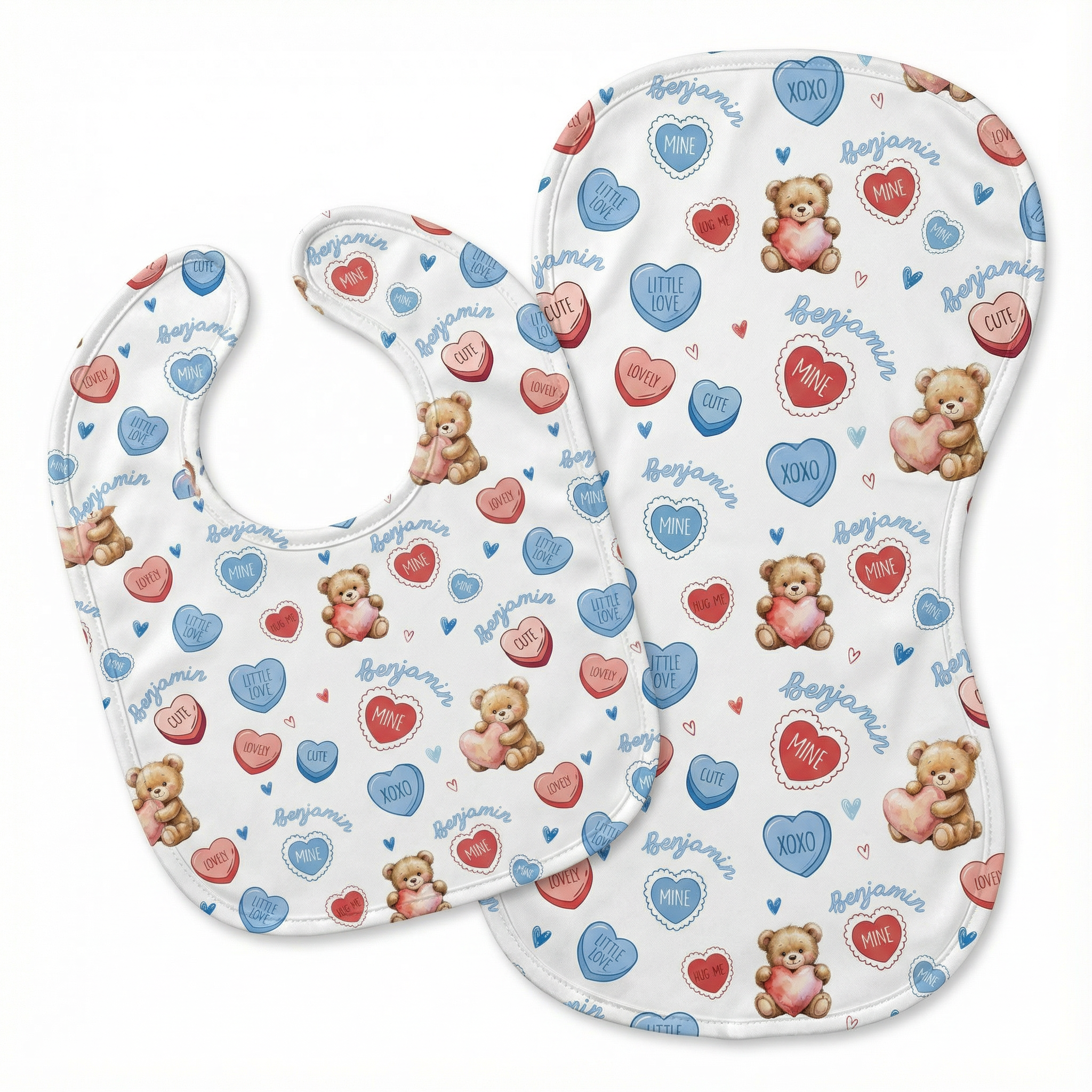 Personalized Bib and Burp Cloths Set in Blue Sweet Heart