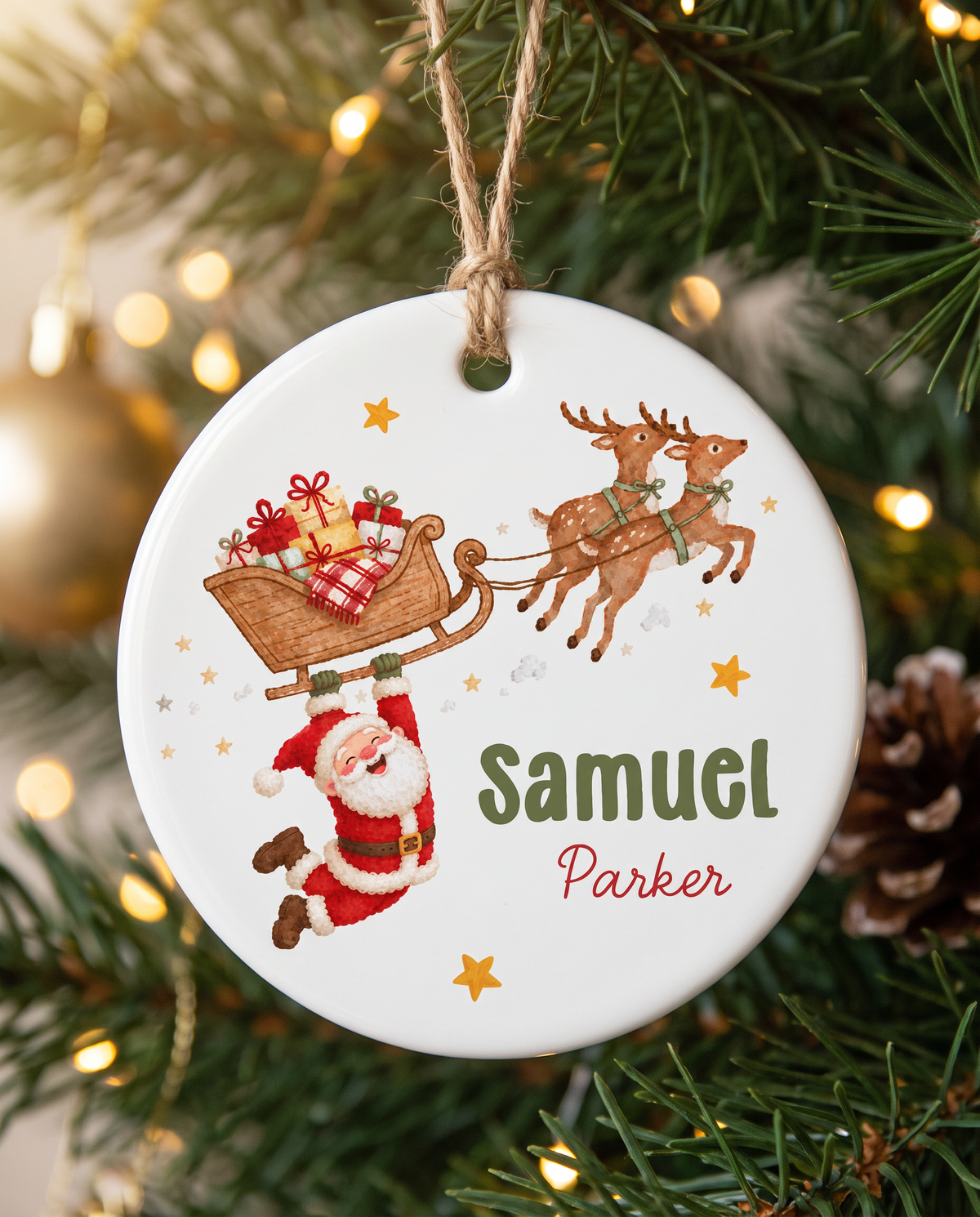 Personalized Ceramic Ornament in Santa's Joyride