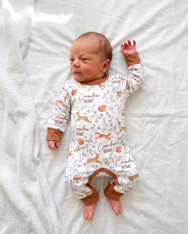 Personalized Long-sleeved Snap Romper in Forest Besties