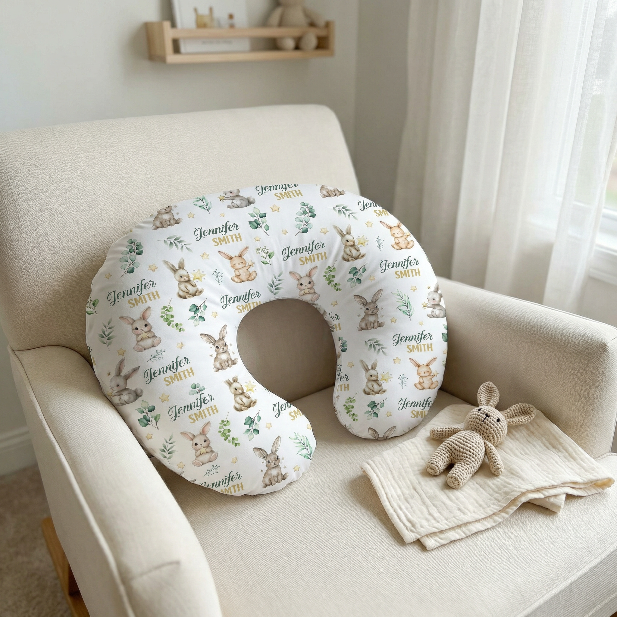 Personalized Nursing Pillow in Bunny Garden