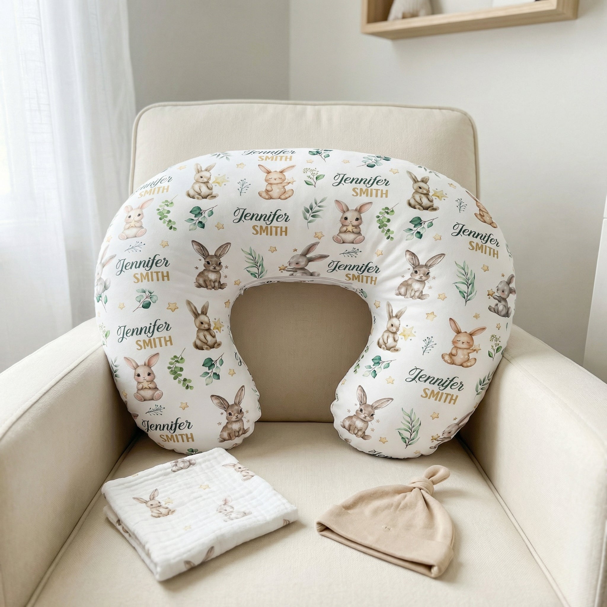 Personalized Nursing Pillow in Bunny Garden
