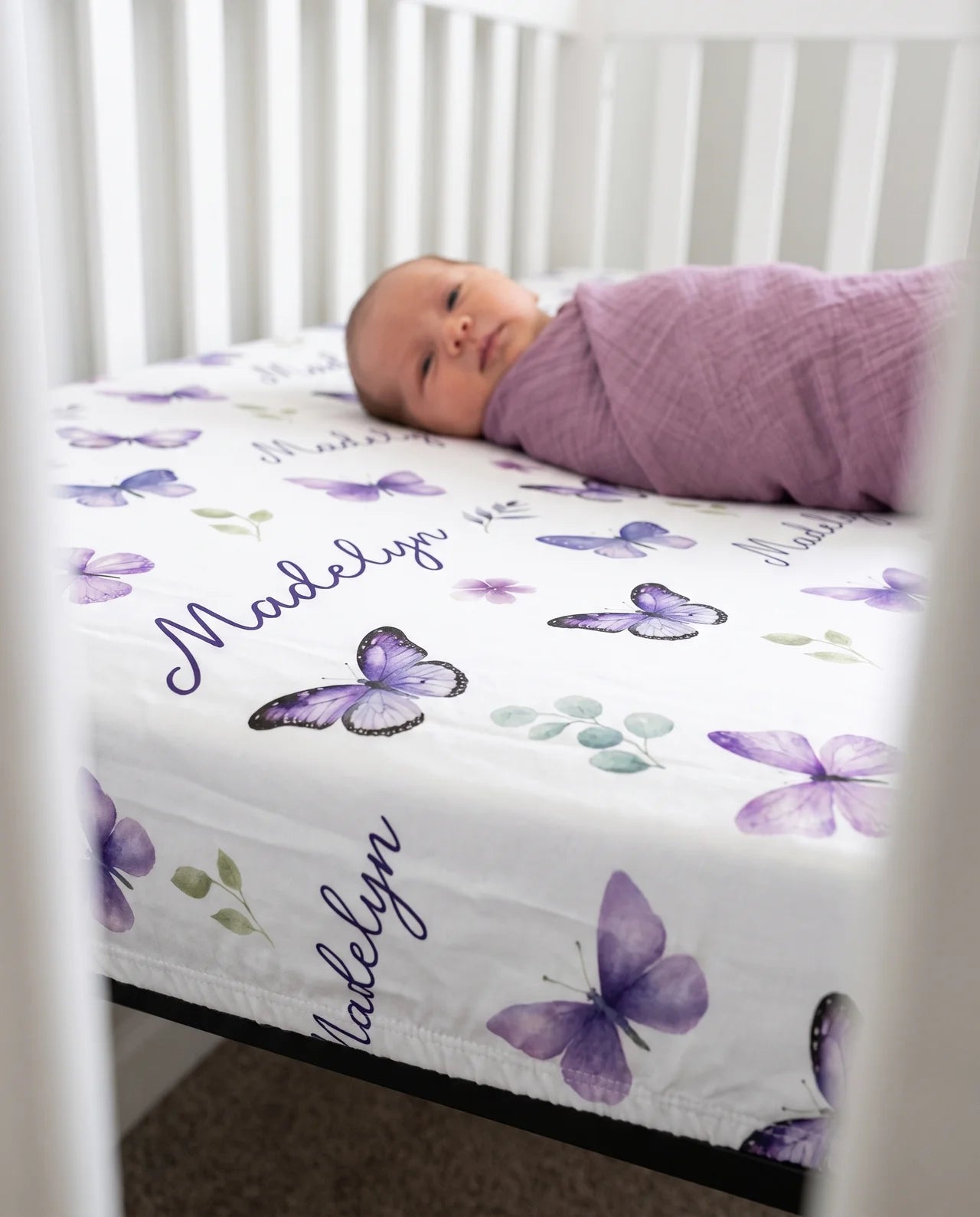 Personalized Crib Sheet in Purple Butterfly