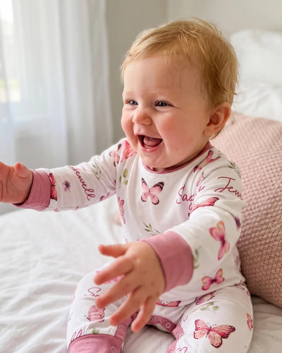 Personalized Long-sleeved Snap Romper in Pink Butterfly