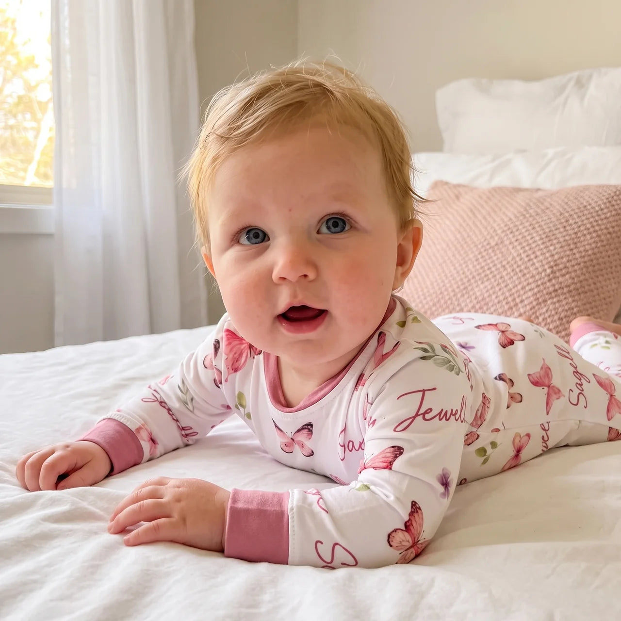 Personalized Long-sleeved Snap Romper in Pink Butterfly