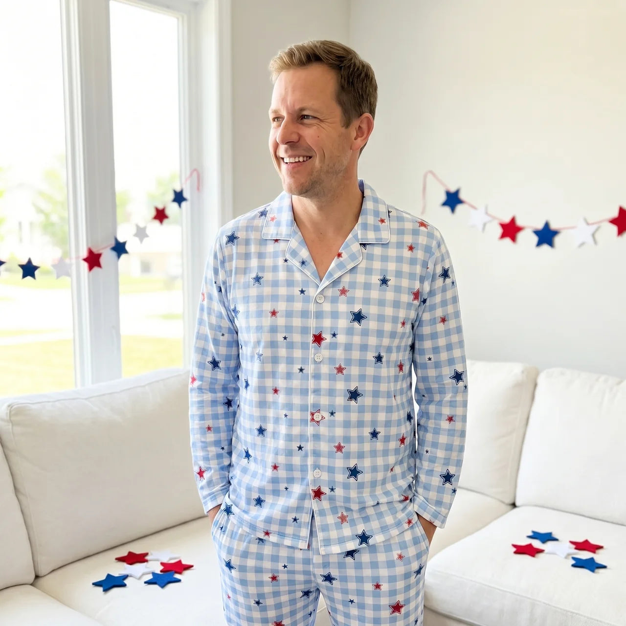 Long-sleeved Men's Pajama Set in Red, Blue and Star
