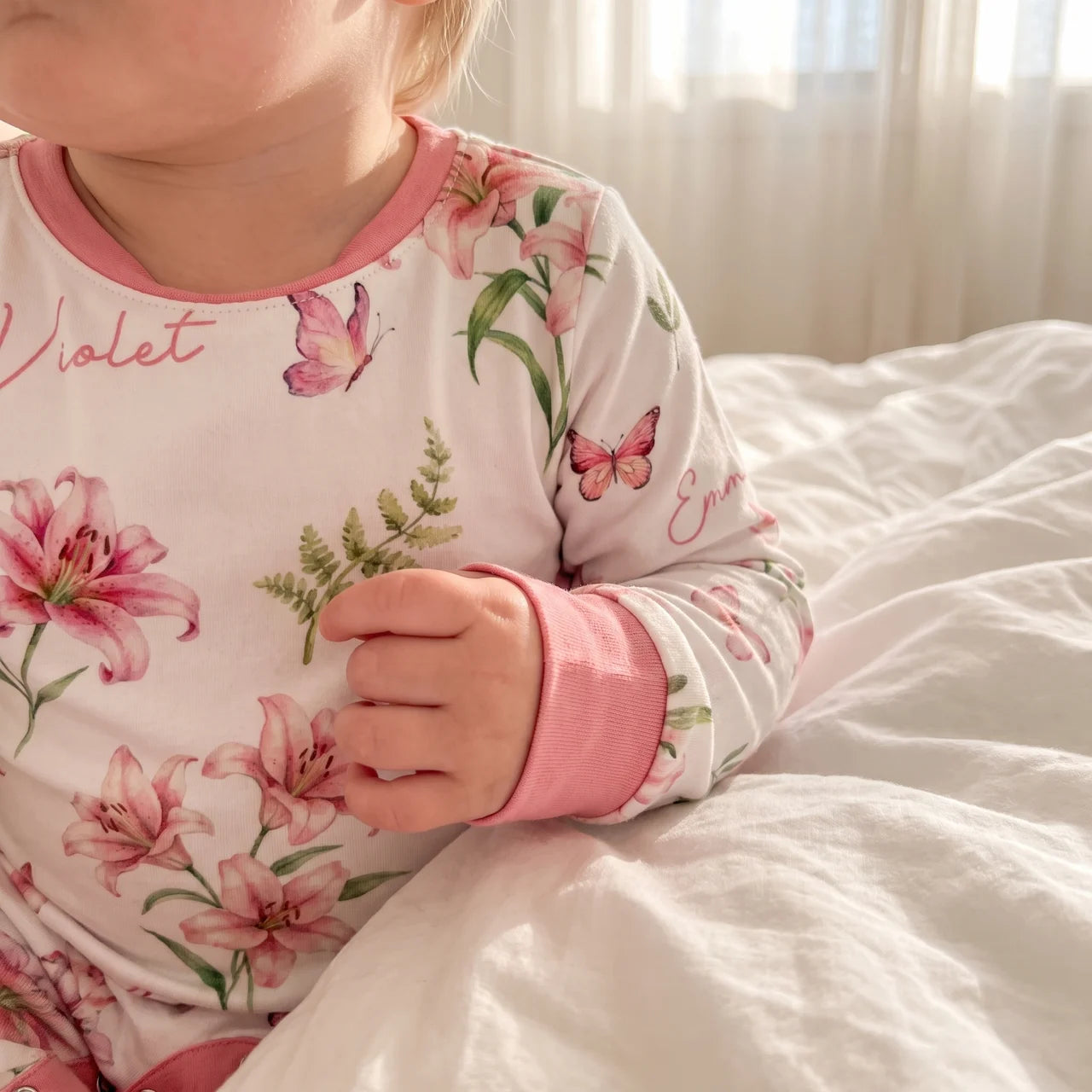 Personalized Baby Long-sleeved Snap Romper in Pink Lilys