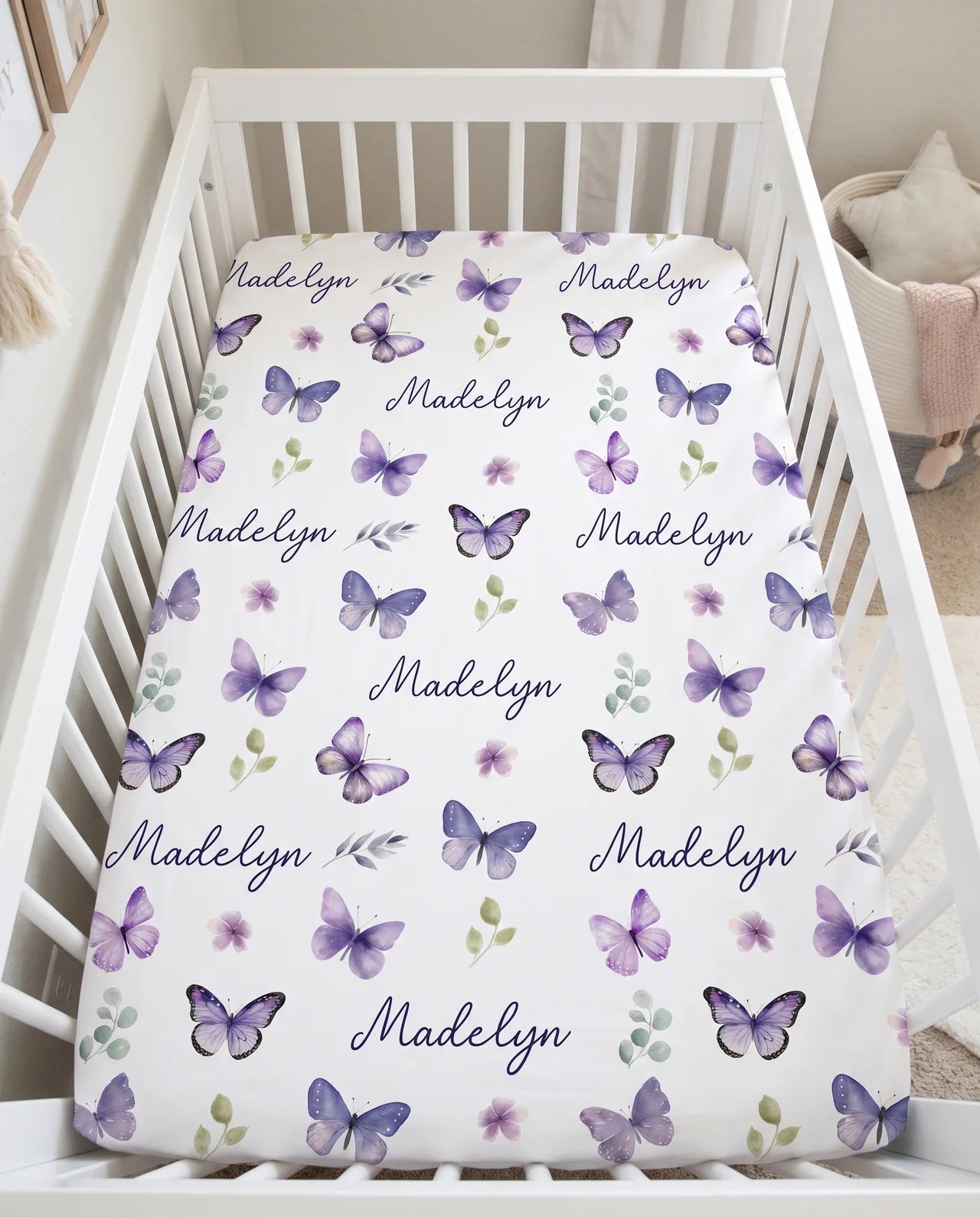Personalized Crib Sheet in Purple Butterfly