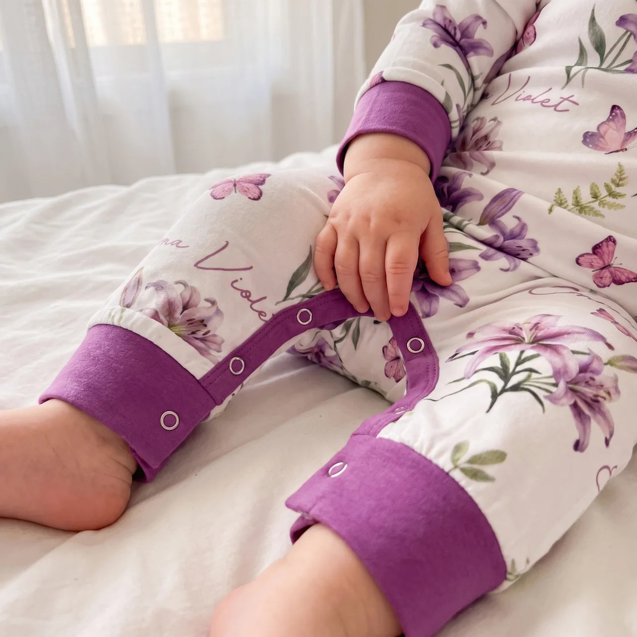 Personalized Long-sleeved Snap Romper in Purple Lilys