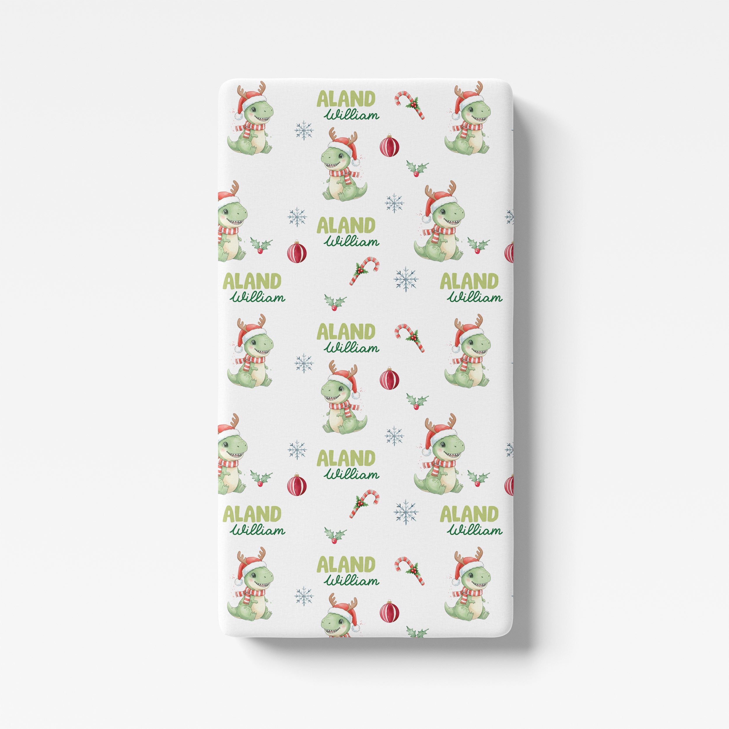 Personalized Crib Sheet in Dinosaur's Christmas