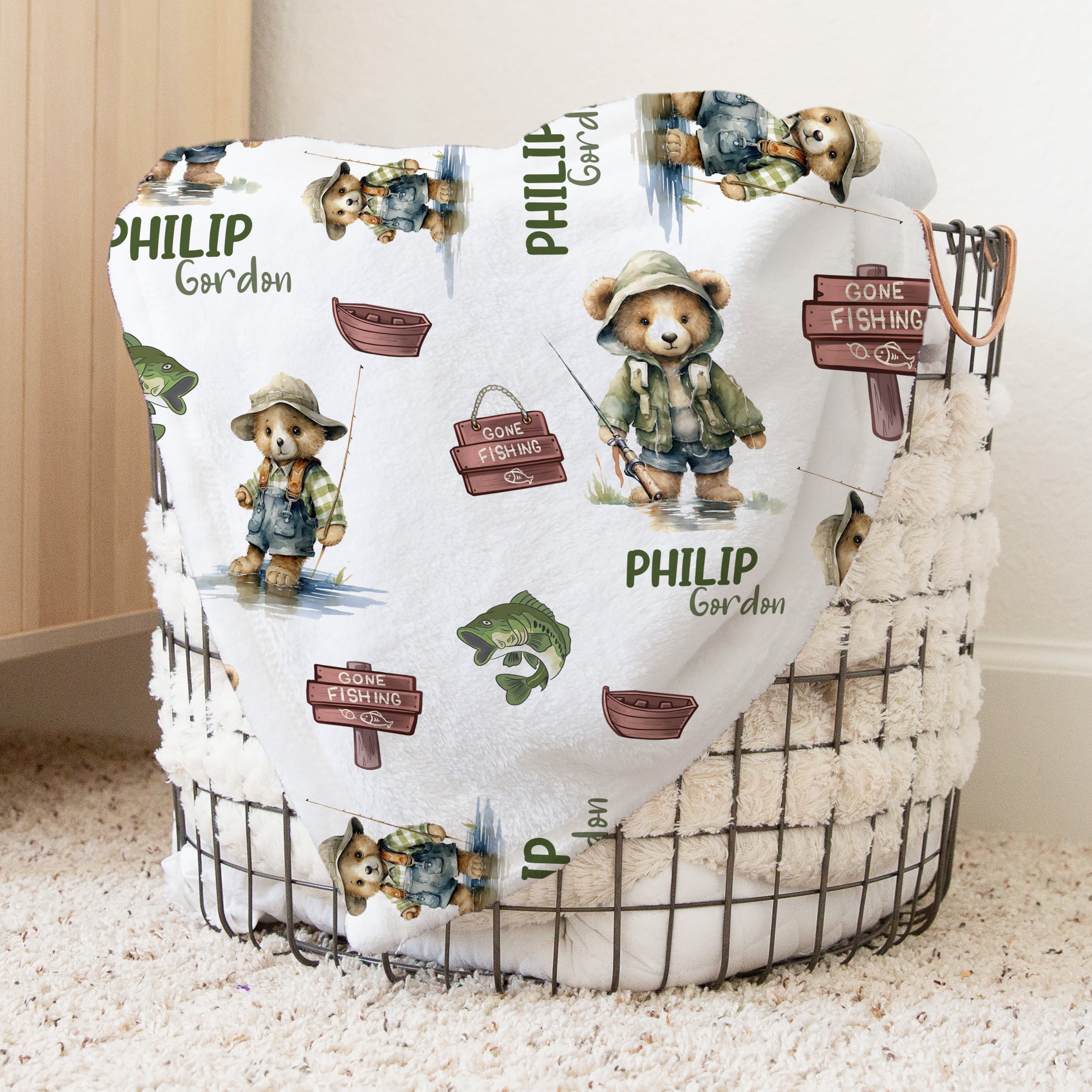 Bear Fishing Personalized Minky Blanket